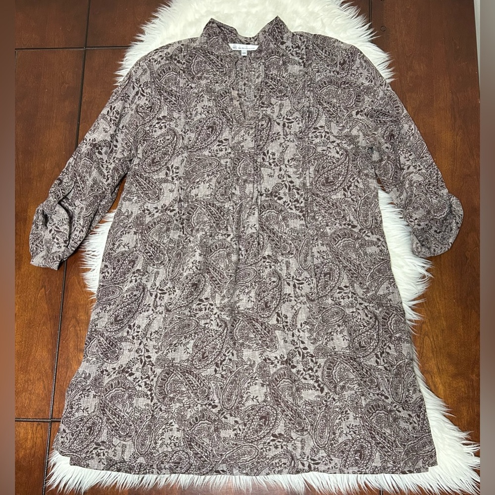 Tilley Size M Linen Blend Tunic Shirt Paisley Floral Brown Made in Canada